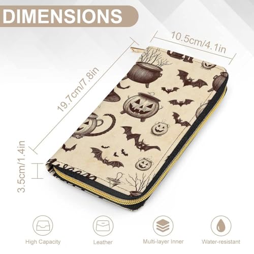 Women's Cute Decor Wallet, Long PU Zipper Wallet, Travel Purse Fashion Design, Huge Storage Capacity Purse Halloween Decorations Black Cat Bat Pumpkin Skull Party Pattern2