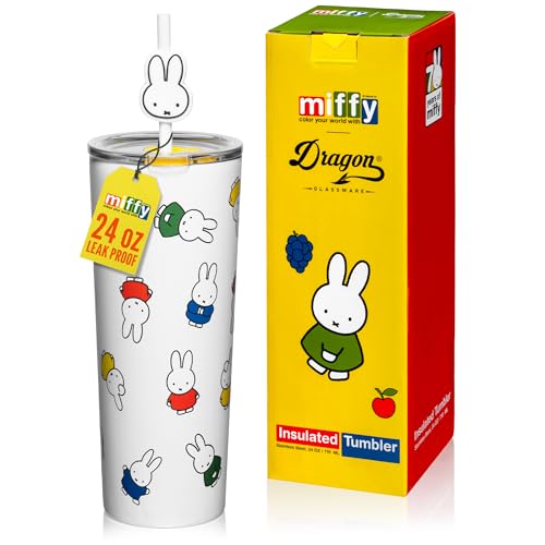 Dragon Glassware | Miffy 24 oz Vacuum Insulated Tumbler with Lid and Straw - Tumbler Cup with 2 Straws - Stainless Steel Tumbler with Straw Topper for Water, Iced Tea - Iconic