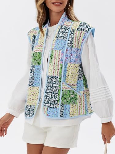 Tankaneo Womens Puffer Quilted Cropped Vest Oversized Floral Patchwork Lightweight Jacket Cap Sleeve Outerwear Vest2