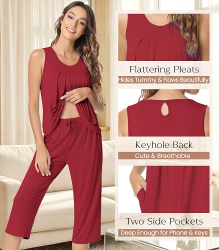 Image of NACHILA Pajamas for Women-Viscose Made from Bamboo, Sleeveless Pjs Tank Top Capri Pants Pajama Sets Cooling Sleepwear
