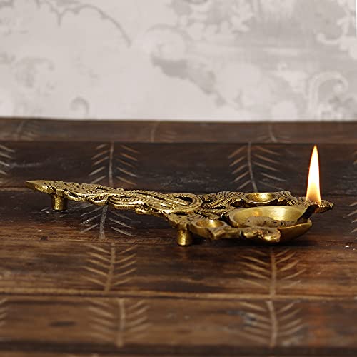 Image of eCraftIndia Golden Ethnic Carved Brass Diya with Handle for Pooja Room and Temples- Diwali Decoration Items for Home Decor- Gift for Diwali Housewarming