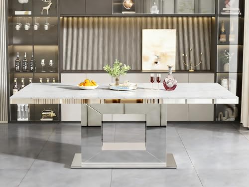 Image of 94 in Large Extendable Dining Table for 6 8 10, White Marble Pattern Top & Silver Mirrored Base, 3 Position Expansion 63 inch to 94 inch, Modern Luxury Expandable Dining Room Table for Dinner Family Gathering