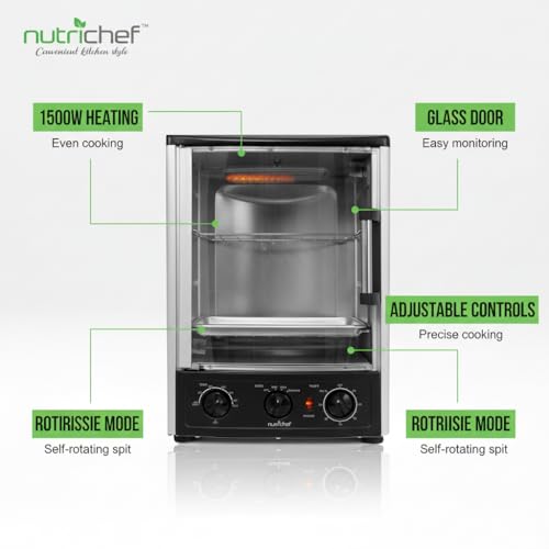 Image of NutriChef Multi-Function Rotisserie Countertop Oven | 24 Quart Vertical Glass Door Convection Oven, for Rotisserie Roasting & Broiling | Timer & Temperature Control | 13.4 x 12.2 x 18.9