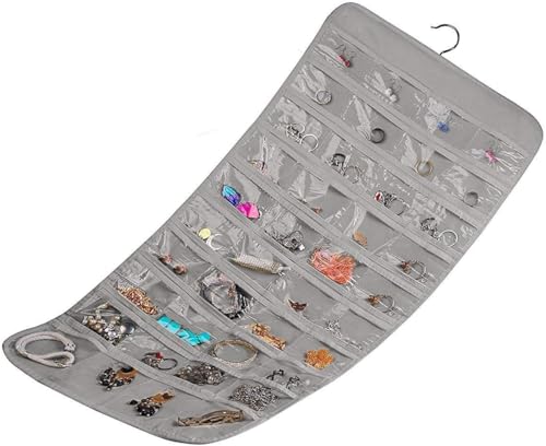 Image of Earring Organizer for Women | Hanging Jewellery Organiser with 48 Double-Sided Transparent Pockets | Earrings Holder, Necklace, Bangle Organizer | Jewelry Storage Organizer for Wardrobe Closet (Grey)