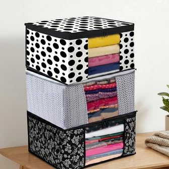 Image of Non-Woven Printed Saree Cover Set of 3 | Cloth Storage Box Wardrobe Organizer for Clothes with Transparent Window, Zipper Closure, Foldable, Dustproof Storage Bags