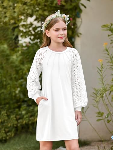 Haloumoning Girls Contrast Lace Long Sleeve Dress Kids Casual Pleated A Line Short Dresses with Pockets 5-14 Years4