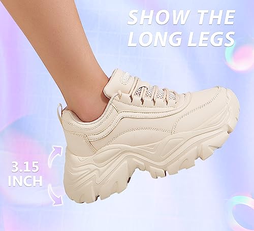 Image of K KIP WOK Chunky Sneakers for Women Fashion Platform White Leather Casual Dad Shoes Comfortable Wedge Walking Sport Sneakers | White Leather Casual Dad Shoes Comfortable Wedge Walking Sport Sneakers