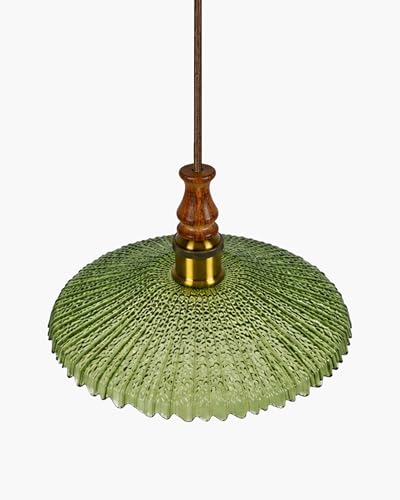 Image of Homesake Botanica Pendant Lamp | Petal Scalloped Glass Hanging Light with Solid Wood Top | Vintage European Ceiling Fixture, Pendant Light for Home Decor, Hallway, Kitchen & Balcony, (Ripple, Green)