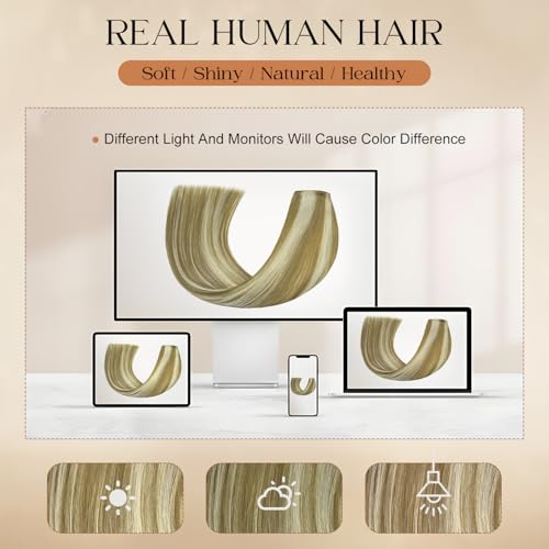 Image of Clip in Hair Extensions Real Human Hair 20Inch 8pcs 105g Seamless Balayage Blonde Hair Extensions Clip Ins Double Weft Light Blonde Highlight Golden Blonde Invisible Straight Remy Human Hair for Women
