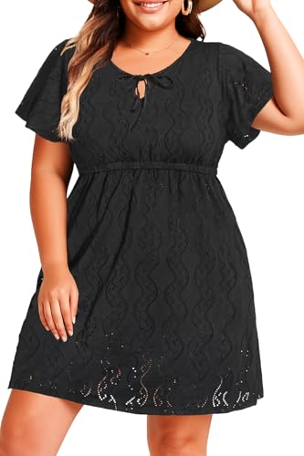 Plus Size Swimsuit Cover Up - Eyelet Casual Beach V Neck Short Sleeve Bathing Suit Coverup Dress for Women Summer