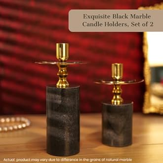 DREAMY WALLS Marble Candle Stand, Set of 2, Taper Candle Holders for Home Decor, Dining Table Decor, Round Pillar Candlestick Holder, Black Decorative Candle Stands for Home Decor, Christmas Decor