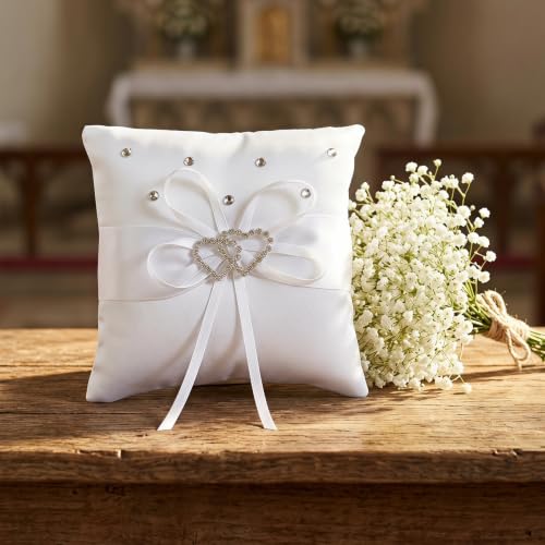 TOKIDNY 2 Szt. Szt Poduszki Obrączki Ślubne z Podwójnymi Sercami Ozdobne Kokardki i Cyrkonie Miękki Materiał Elegancka Dekoracja Ceremonię Zaręczyny i Przyjęcia Weselne