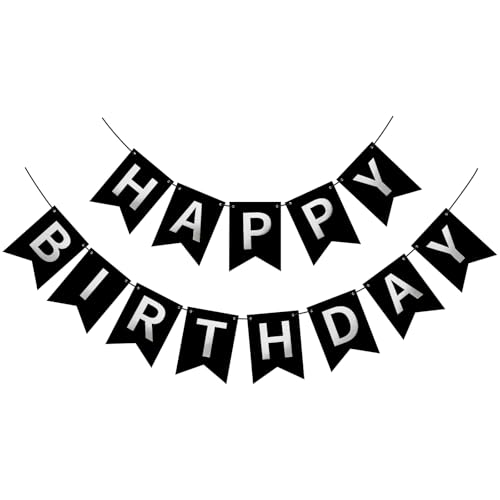 Black Happy Birthday Banner Sign Birthday Garland Wall Door Banners Flag for Women Men Boys Girls Party Backdrop Decorations Personalized Name Banner Silver Letters