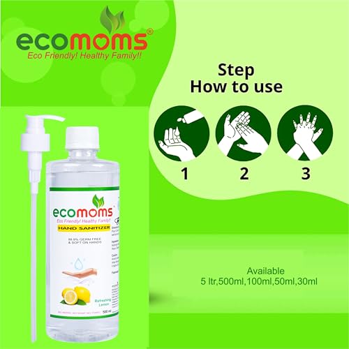 Image of Ecomoms hand sanitizer 500ml Gel and Sanitizer 75% Alcohol-Based Kills 99.9% of Germs Skin safe (Pack of 1)