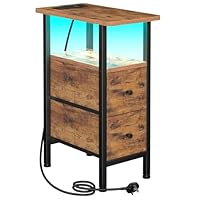 AMHANCIBLE Slim Bedside Table with LED Light, Narrow Side Table with Charging Station, Small End Table with 2 Fabric Drawers, Nightstand for Small Spaces, Living Room, Bedroom, Brown UHETNDP02PLBR-1