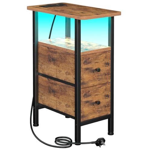 AMHANCIBLE Slim Bedside Table with LED Light, Narrow Side Table with Charging Station, Small End Table with 2 Fabric Drawers, Nightstand for Small Spaces, Living Room, Bedroom, Brown UHETNDP02PLBR-1