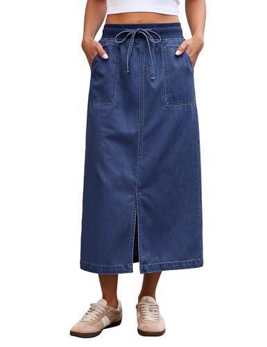 luvamia Casual Midi Skirt Darkness Blue Jean Pull On Skirt Women High Waist Skirt Jean Concert Outfits Women Size Large Size 12 14