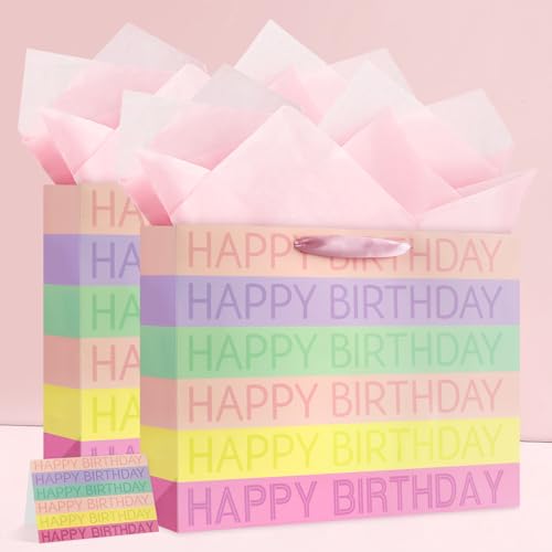 Image of JMANNI Large Happy Birthday Gift Bag with Tissue Papers and Greeting Card, Portable Paper Gift Bags with Handles, Present Bags for Women Girls Birthday Party Supplies 13 inch x 10.2 inch x 4.7 inch(Colorful)
