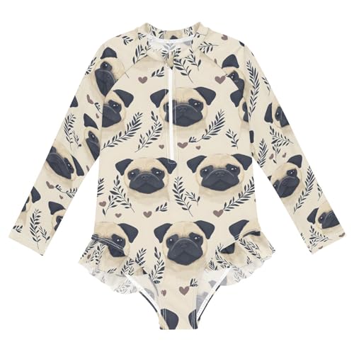 ALAZA Pug Dog Cartoon Yellow Girls One Piece Swimsuit Long Sleeve Rash Guard Swimsuits UV 50+ Swimwear Zipper