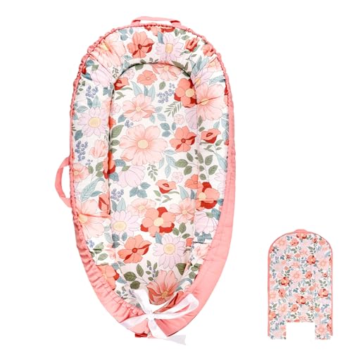 Baby Lounger Cover Girls, Cotton Newborn Nest Cover, Infant Lounger Replaceable Cover, Soft & Breathable, Reversible & Adjustable, Floral (Cover Only)