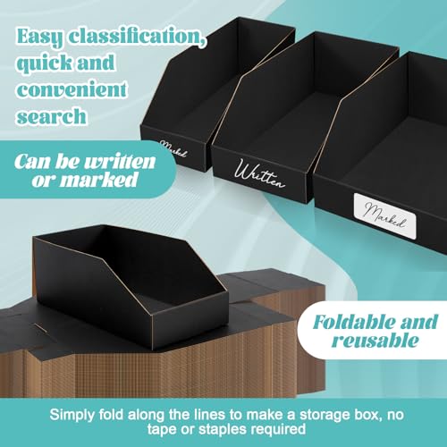 Image of Fuyoooo 30 Pack 12 x 4 /6 /8 x 4.5 Inches Cardboard Storage Bins Open Top Bin Boxes Black Corrugated Shelf Organizer Bins for Pantry, Parts, Garage, Snacks, Bottles, Cans or Warehouse Home Cubby