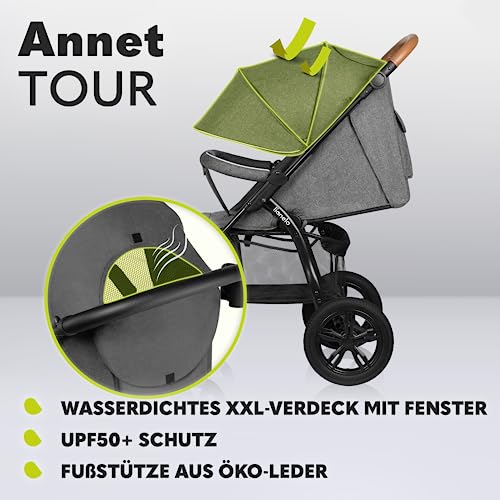 LIONELO Annet Tour Kinderwagen bis 22 kg, verstellbarer Griff, zusammenklappbar, verstellbare Rückenlehne bis zur Liegeposition, wartungsfreie Räder, XXL-Verdeck, 5-Punkt-Gurt, Einkaufskorb