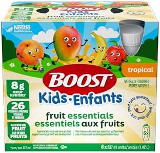 BOOST Kids Fruit Essentials Tropical, Nutritional Supplement For Ages 4–12, Real Fruit Purées, 8g Protein, 26 Vitamins & Minerals, Immune Support, Gluten-free, No Artificial Flavours, 6 Bottles, 1.4 L