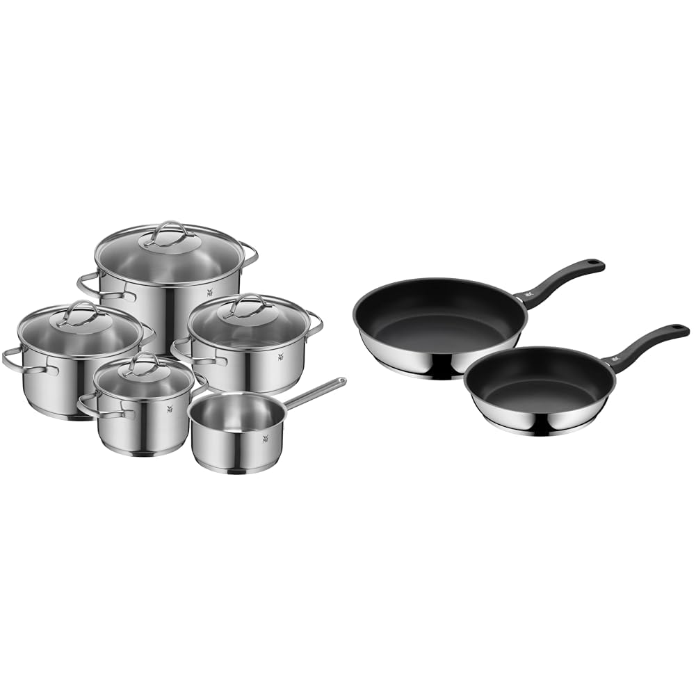 WMF Provence Plus - Batería de Cocina, Acero Inoxidable Cromargan, Tapas Cristal + Set 2 sartenes Devil 24 cm y 28 cm, con antiadherente para todo tipo de cocinas incluido inducción, aluminio fundido