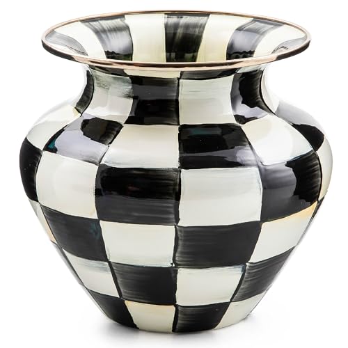 MACKENZIE-CHILDS Large Enamel Vase, Unique Flower-Vase Decor for Living Room, Black-and-White Courtly Check