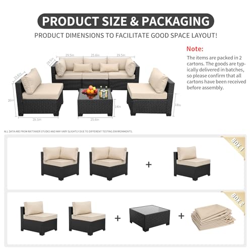 Rattaner Patio Sectional 6 Pieces All-Weather Wicker Patio Furniture Set Outdoor Sectional with Glass Table Non-Slip Cushions and Waterproof Cover, Khaki - Image 3