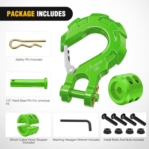 Image of Nilight Forged Steel Winch Hook 3 /8 inch Grade 70 Safety Latch Winch Cable Hook Stopper & Clevis Slip Hook Sets, Included Allen Wrench,Max 35,000 lbs, Green