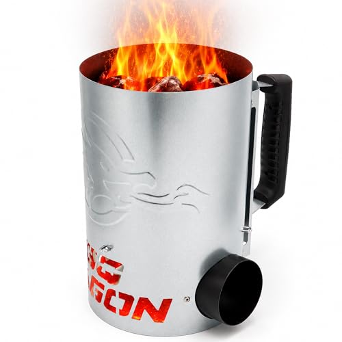 BBQ Dragon Chimney of Insanity Charcoal Starter — Field & Stream Best Overall Charcoal Chimney — Fast Lighting with Patented Airflow Elbow — Ready-to-Cook Coals in 3 Minutes Using BBQ Dragon Fan