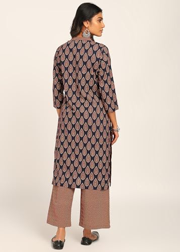 Image of BLOCKS OF INDIA Women's Solid Straight Kurta Set | Hand-Stitched Neck Details with Pintucks | Comfortable Pants with Pockets, Elastic Waist & Drawstring Fit