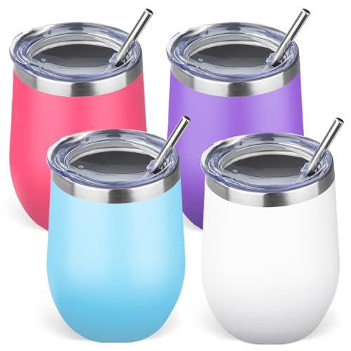 GUDEMAO 12oz/4 Pack Stainless Steel Wine Tumbler with Lid and Straw, Double Wall Vacuum Insulated...
