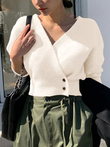 Image of WDIRARA Women's Wrap V Neck Sweater Button Front Long Sleeve Crop Knitted Top