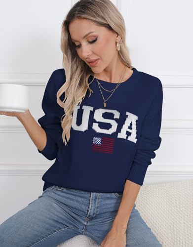 Image of Womens American Flag Sweater Crew Neck Casual Pullover Sweater