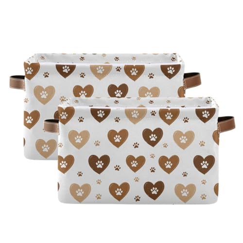 Image of Aslsiy Storage Basket Brown Hearts and Paws (2) Nursery Bins Baby Canvas Box Clothes Shelf Basket Laundry Hampers 2 Pcs