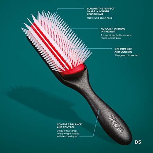 Denman Classic Styling Hair Brush Heavyweight 9 Row Delivers Extra Tension & Grip - D5 - Hair Brush for Separating, Shaping & Defining Curls - Blow-Drying, Styling & Detangling Brush