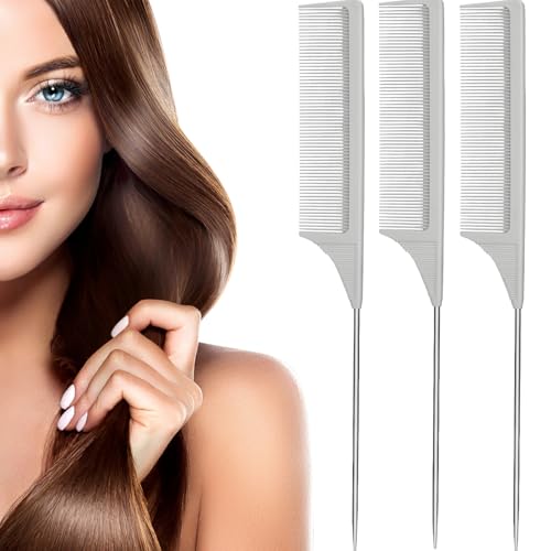 Leinuosen 3 Packs 9 Inch Rat Tail Comb Carbon Fiber Heat Resistant Teasing Comb with Metal Pick Styling Parting Lightweight Sectioning Fine Tooth Combs for Women Girls