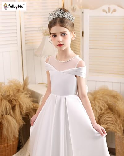 Satin Flower Girl Dresses for Wedding Beaded Solid Pageant Dress for Girls Long Ball Gown Dress with Bow White 83
