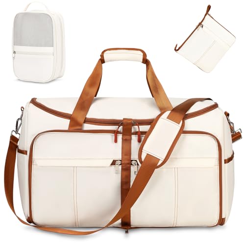 Foldable Garment Bags for Travel, 2 in 1 Convertible Carry On Travel Garment Duffel Bag for Women with Toiletry & Shoe bag, Hanging Suitcase Suit Travel Bags for Men Women Gift (Beige）