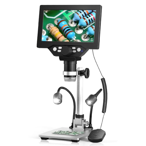 Jradse Microscopio Digital 7 Pulgadas, 1200X Aumento 12MP Grabación 1080P con 8 Luces LED Ajustables, Pantalla IPS, Conexión PC para Soldadura, Ciencia, Educación Compatible con Windows