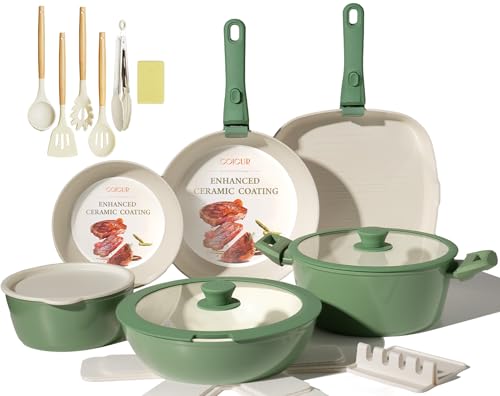 Image of Ceramic Cookware Set Non Stick 23Pcs Pots and Pans Set Non Toxic with Detachable Handle Induction Kitchen Cookware Set Space Saving, Oven & Dishwasher Safe, Green