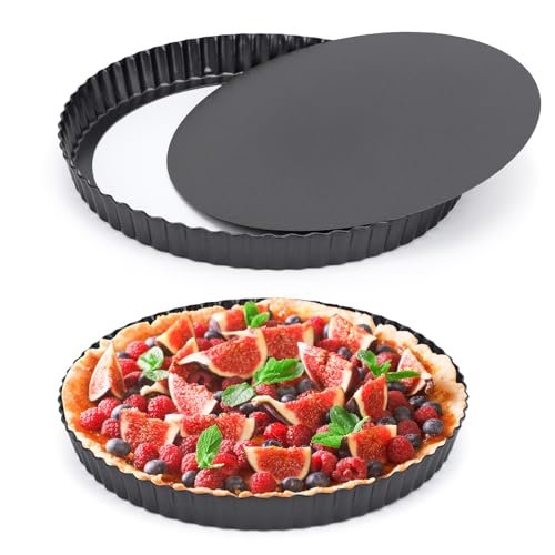 Beasea Tart Pan 10 Inch Removable Bottom, 2pcs 10 Inch Round Non Stick Pie Pans Carbon Steel Loose Base Bottom Tart Quiche Pie Tart Pans for Baking Fruit Cheese Tart Pie Desserts