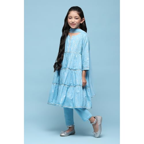 Image of BIBA Girls Biba Girls Sky Blue Cotton Tiered Printed 2 Piece Set