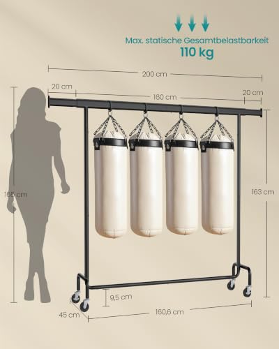 Miniatura 6 de Songmics Burro Ropa Con Ruedas, Perchero Burro Extensible Con Carga Pesada, Capacidad De Carga De 110 Kg, 45 X 160-200 X 162,9 Cm, Fácil De Montar, Portátil, Negro Mate Hsr176b01
