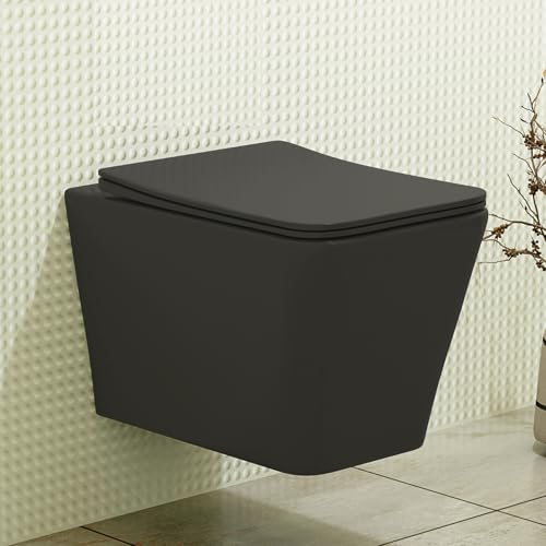 Wall Hung Rimless Toilet Matt Black Square Pan Quick Release & Slim Soft Close Seat – Modern Bathroom Design (Elena).