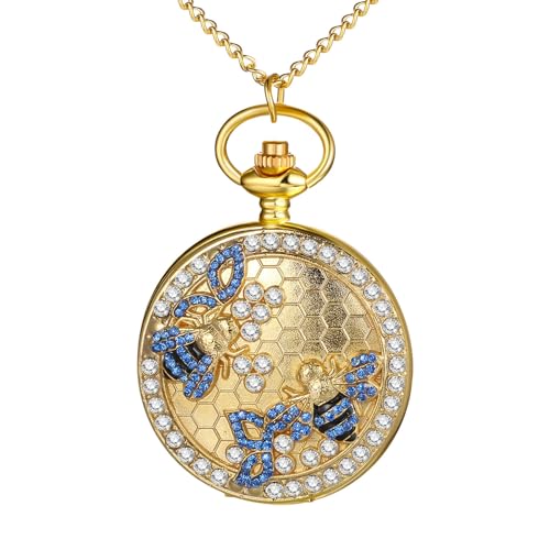 JewelryWe Pocket Watch Women Men: Gold Vintage Bronze Quartz Analog Hollow Sparkling Bling Rhinestone Honeybee Hunter Case Fob Chain Timepiece Gift