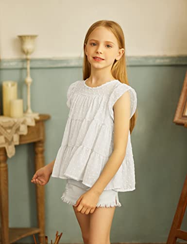 Arshiner Girls Chiffon Blouses Short Sleeve Shirts Summer Casual Polka Dot Tops Solid Color Size 7-8 White #TOP1