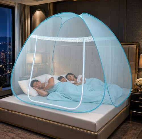 Image of Mosquito Net for Double Bed | King Size Foldable Machardani | 6 x 6 Feet Polyester 30GSM Strong Net |PVC Coated Corrosion Resistant Steel Wire Sky Blue (new Sky)